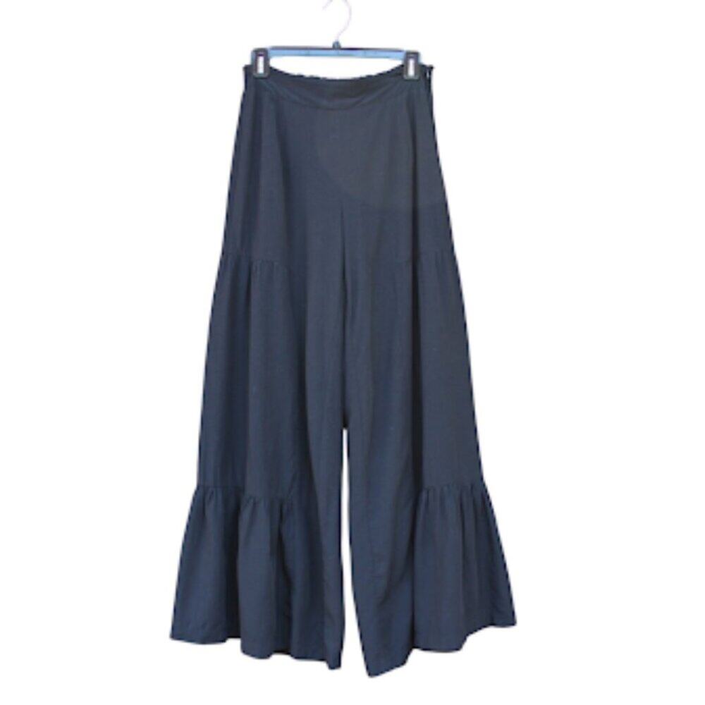 OOLALA | Black Wide Leg Ruffle Tiered Palazzo Pants Linen Tencel Coastal Boho M